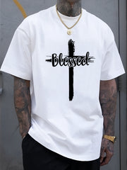 Men's Christian Faith T-Shirt with Blessed Lettering & Cross Print - 100% COTTON  Heavyweight Short Sleeve Round Neck Casual Church Wear,  Everyday Comfortable Summer Apparel for Men,
