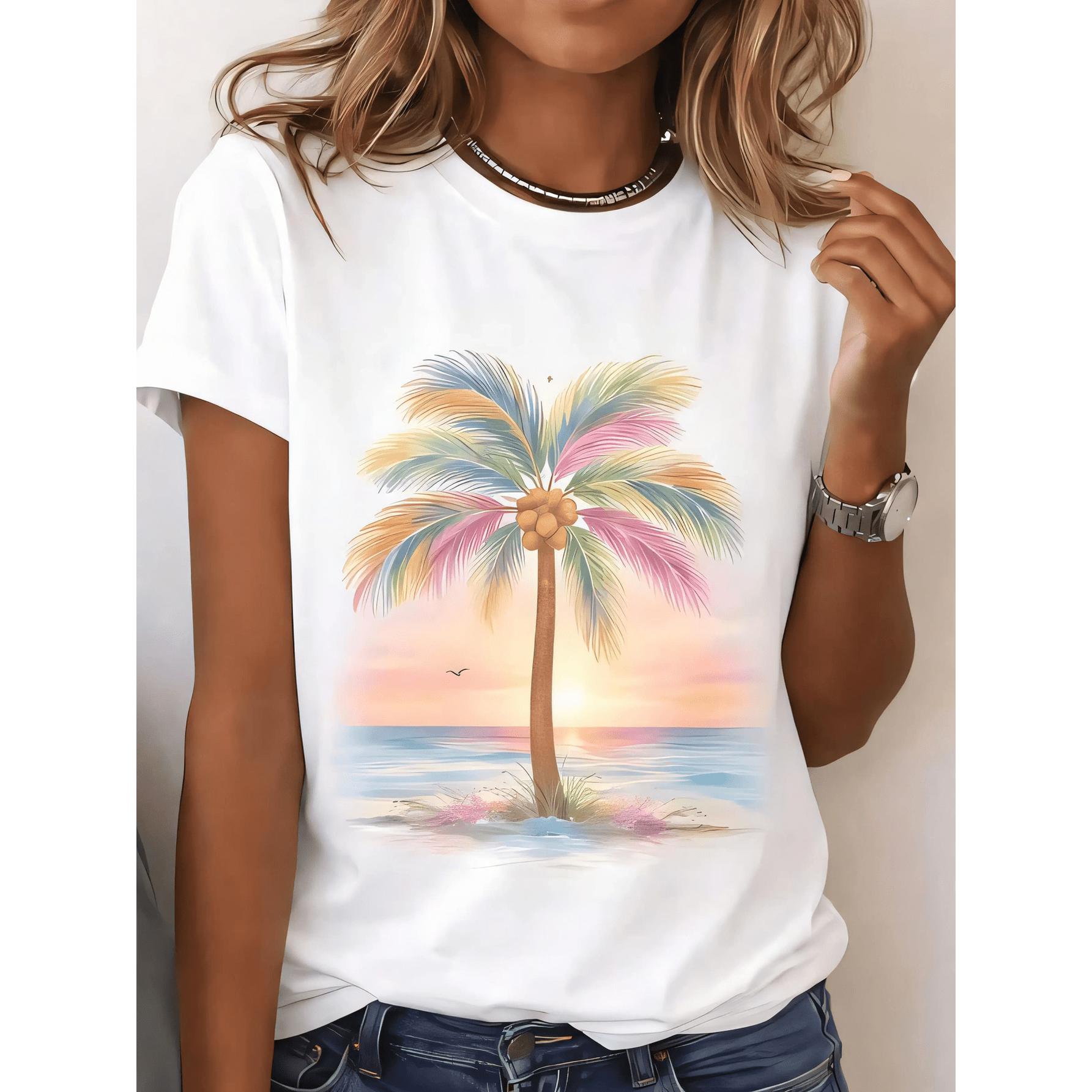 Women's Casual Round Neck Short Sleeve T-Shirt With Tropical Palm Tree Sunset Print Perfect For Summer Beach Outfits