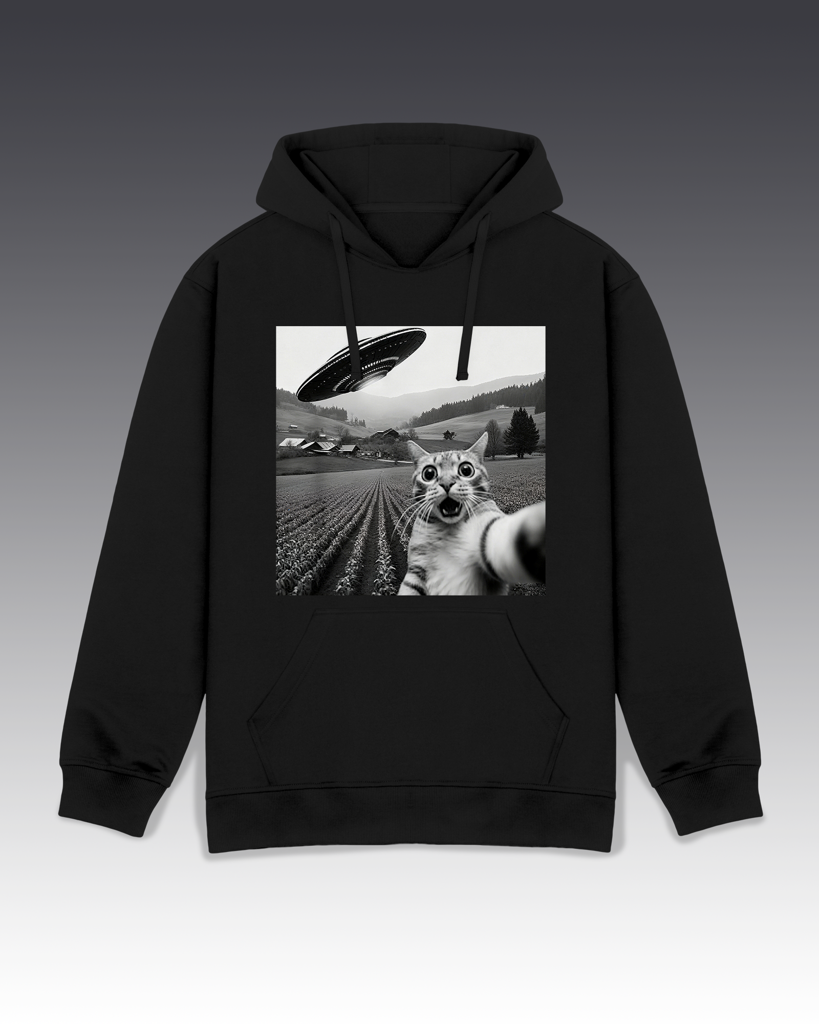 DIYANYONE Meme Hoodies: Cat Selfie Field UFO Abduction Trip