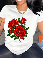 Women's casual, stylish short-sleeved T-shirt featuring a rose print; suitable for all seasons.