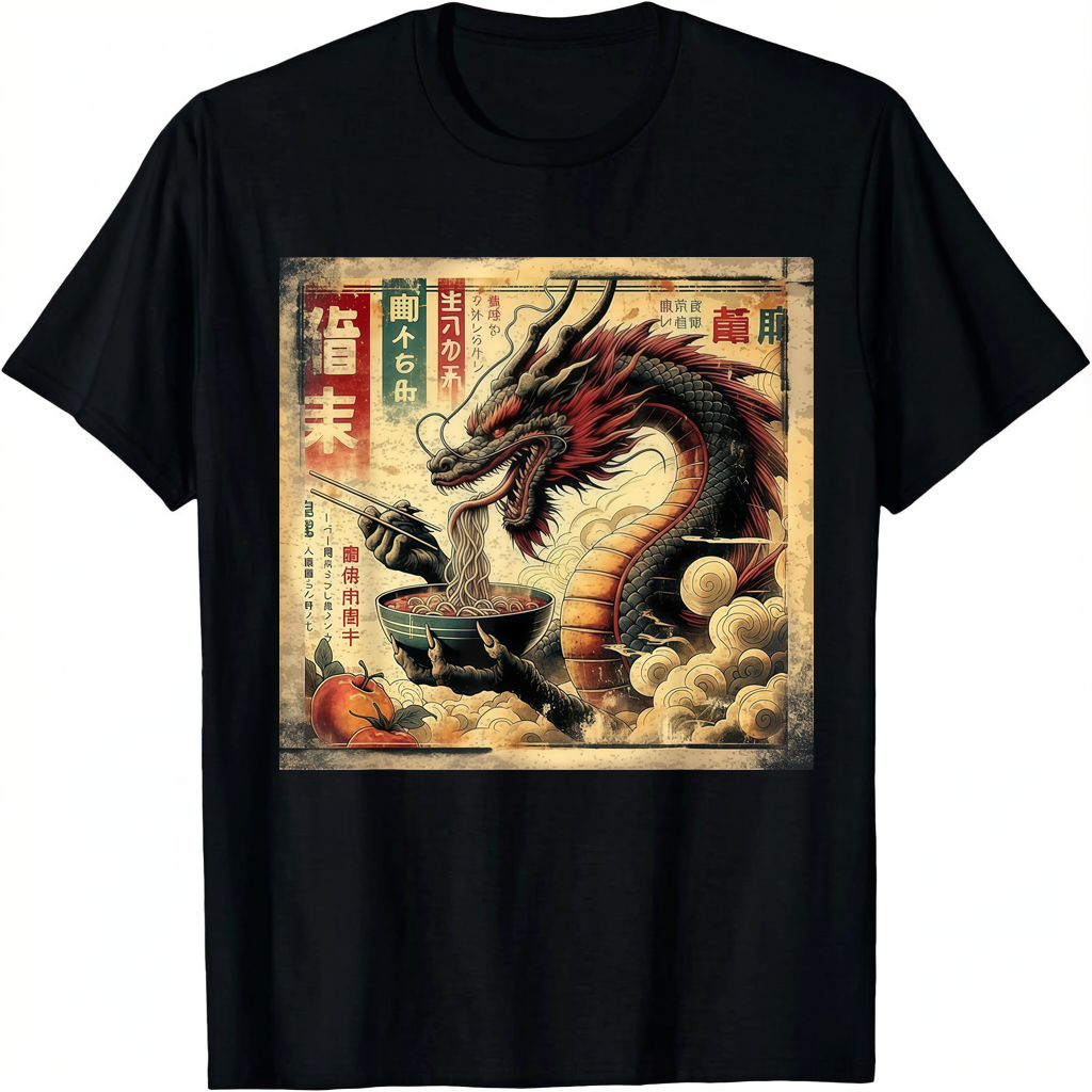 Japanese Dragon Eating Ramen Vintage Art Graphic T-Shirt