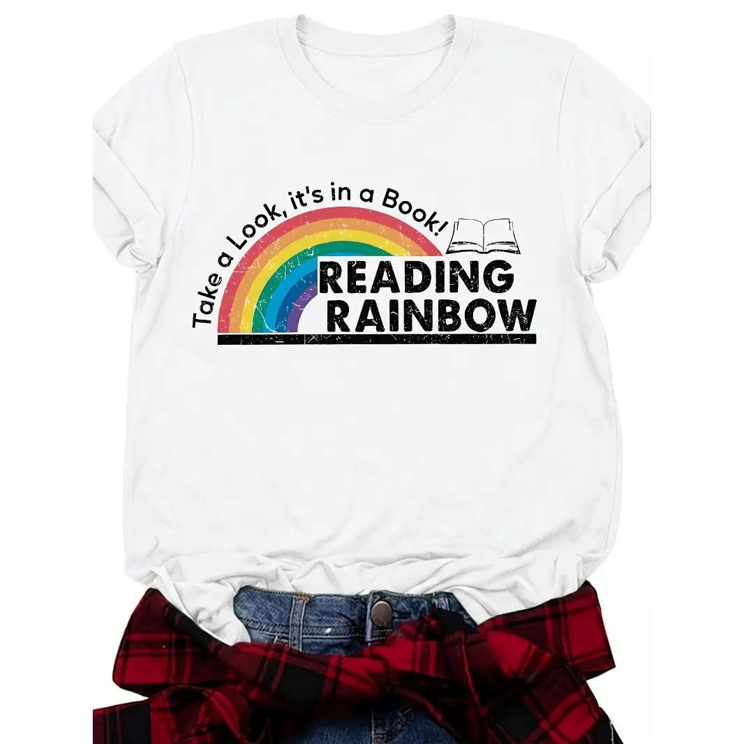 Womens Cotton Short Sleeve Rainbow Graphic Tee Reading Lover Shirt Cute Teacher Librarian Outfit Soft Breathable Casual Summer Top
