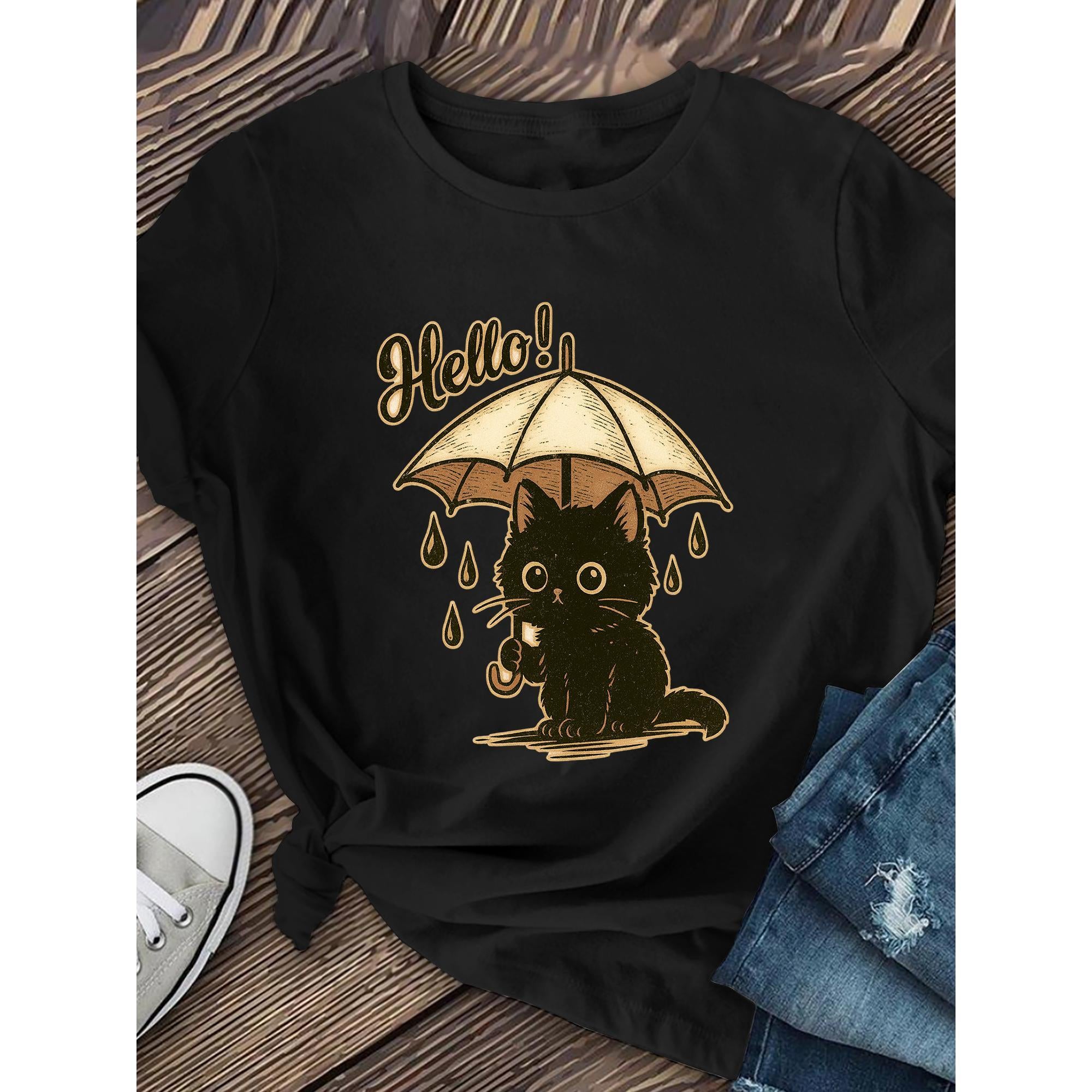 Black Cartoon Cat Printed T-shirt with Umbrella | Women'S Casual Short Sleeved, Fashionable Style, Crew Neck Top, Regular Fit