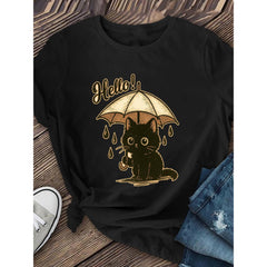 Black Cartoon Cat Printed T-shirt with Umbrella | Women'S Casual Short Sleeved, Fashionable Style, Crew Neck Top, Regular Fit