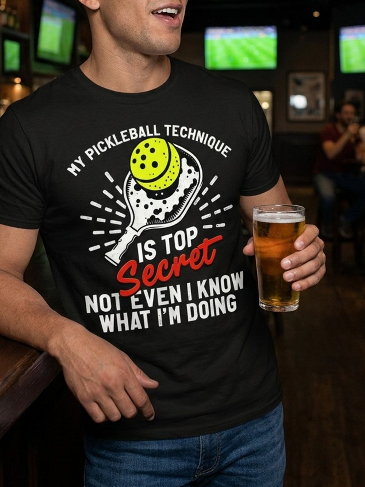 My Pickleball Technique Is Top Secret Funny Pickleball Paddle Graphic T-Shirt, Unisex Cotton Crew Neck Top, All Season Pickleball Player Humor Tee, Casual Apparel And Gift For Pickleball Lovers