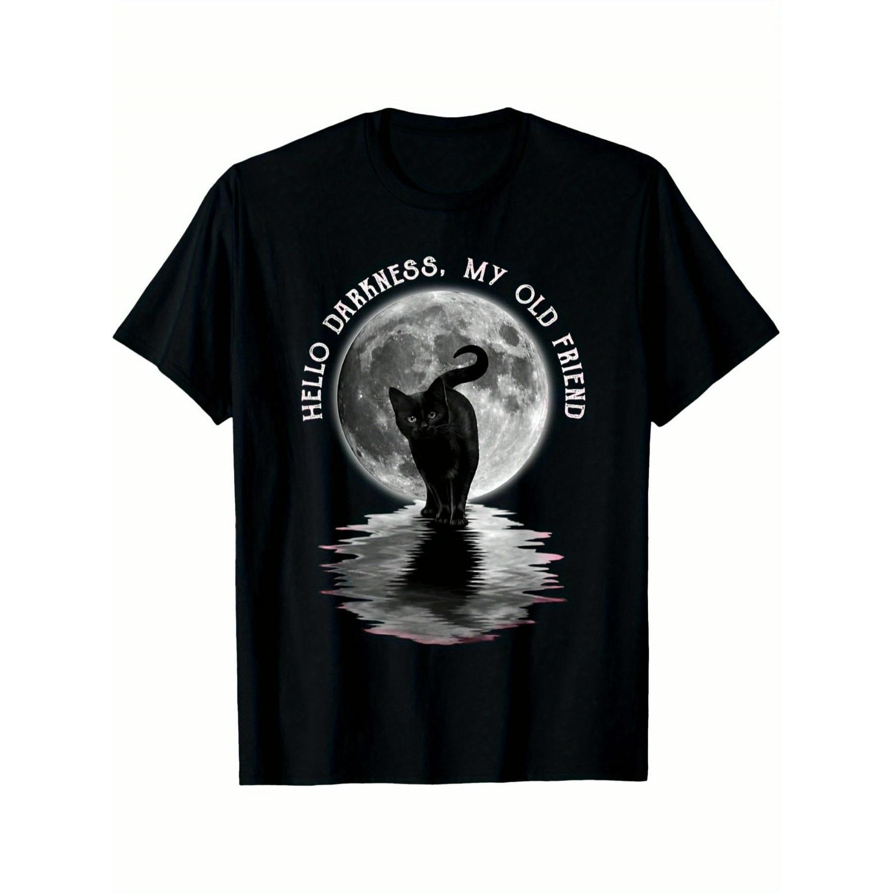 Men'S Black Cat Moon Graphic T-Shirt, Cool Gothic Casual Tee, Streetwear Style, Funny Quote Print Top