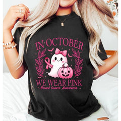 NWE In October We Wear Pink Shirt, Retro Breast "Cancer" Awareness T-Shirt, Halloween Pink Ghost Sweatshirt, Breast Cancer Halloween Clothing Unisex,Halloween Pink Breast Cancer T-shirt