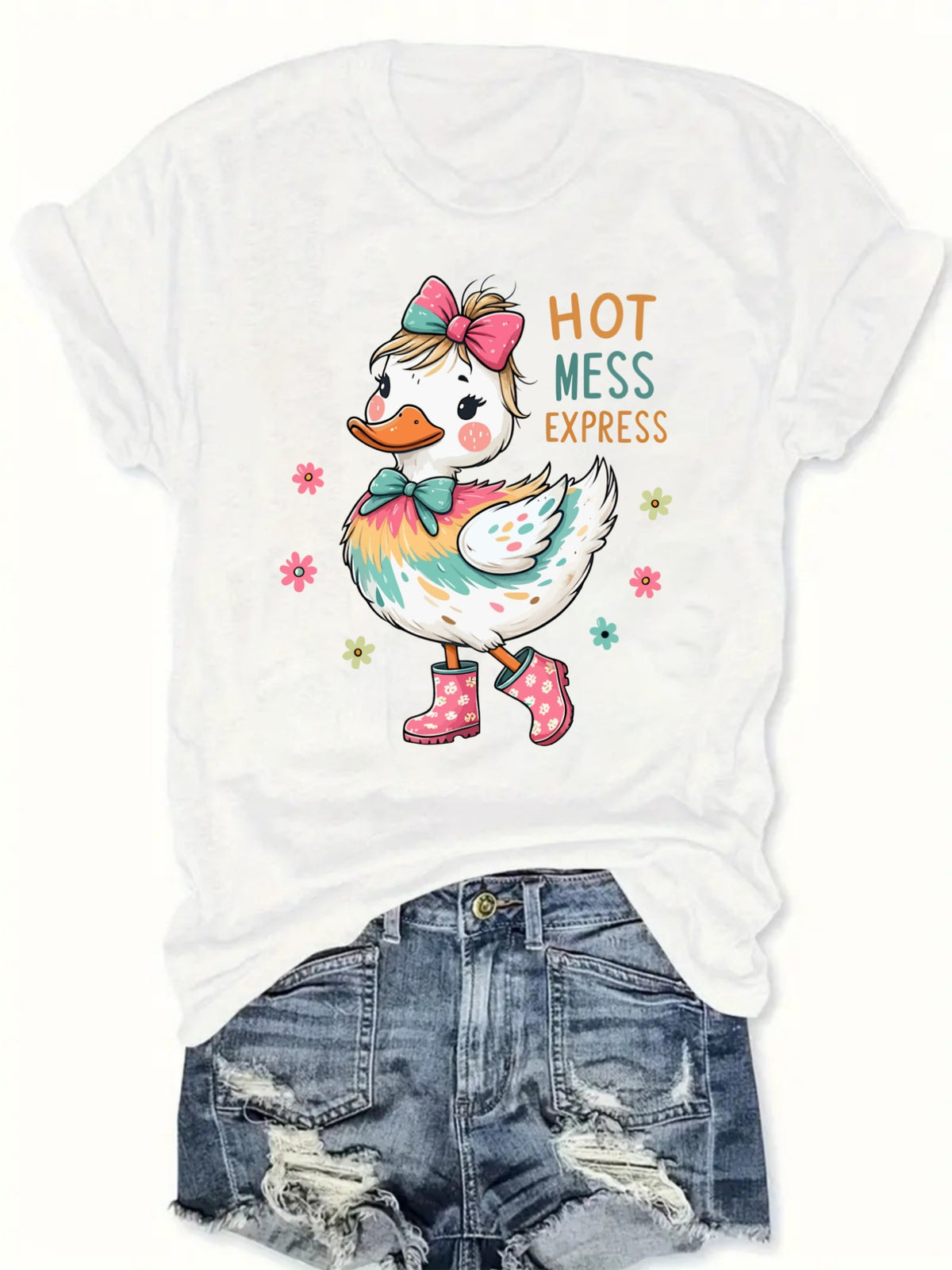 Cute Duck Hot Mess Express Quote Graphic T‑Shirt for Women, Fun Whimsical Animal Short Sleeve Crewneck Casual Tee Top