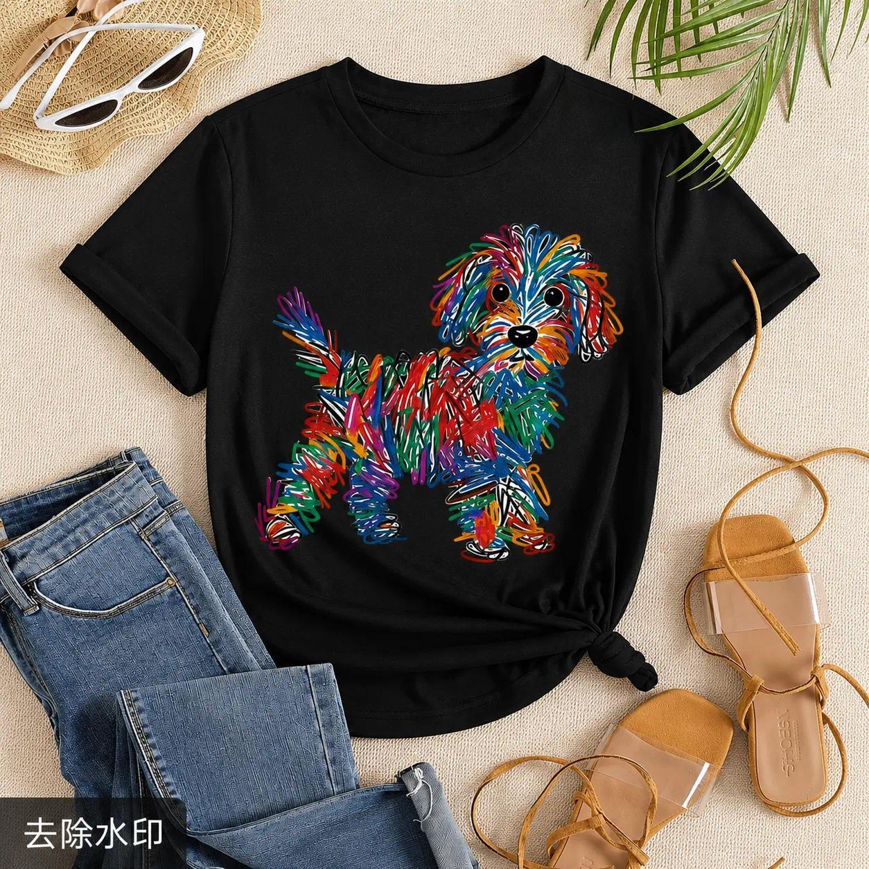 Womens Graphic Tee Rainbow Line Puppy Print Casual Design T Shirt Streetwear Style Crewneck Short Sleeve Soft Cotton Breathable Comfortable Fit Loose Fit Daily Wear Pet Lover Cute Trendy Aesthetic Fashion Top