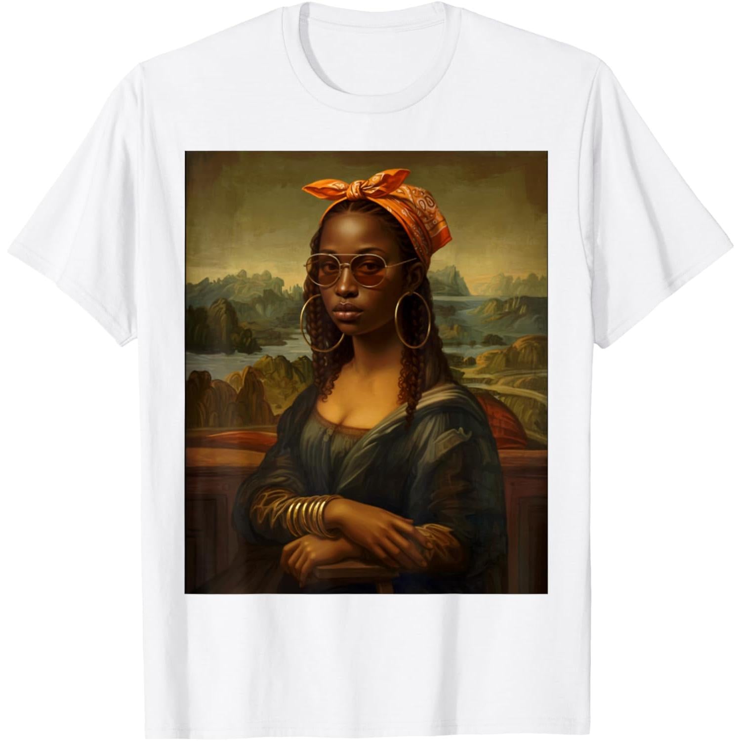Black Mona Lisa Afro Braids African American T-Shirt - Cultural Art Graphic Tee with Bandana & Bangles Design, Unisex Graphic shirt
