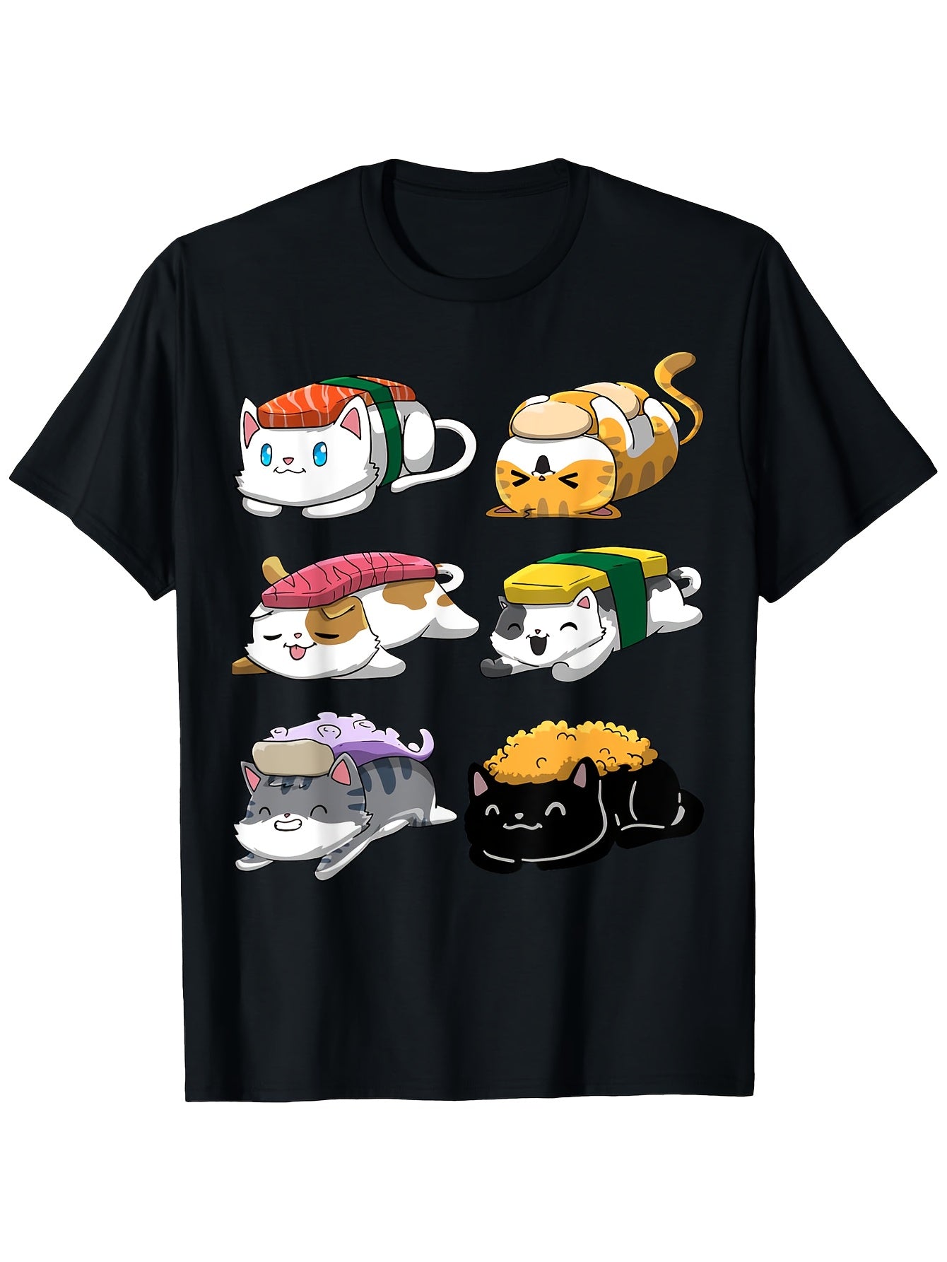 Kawaii Sushi Cat Graphic T-Shirt, Unisex Cotton Crew Neck Top, All Season Cute Neko Tee, Casual Apparel For Cat Owners Foodies and Daily Outings Weekend Trips And Leisure Occasions