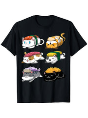 Kawaii Sushi Cat Graphic T-Shirt, Unisex Cotton Crew Neck Top, All Season Cute Neko Tee, Casual Apparel For Cat Owners Foodies and Daily Outings Weekend Trips And Leisure Occasions