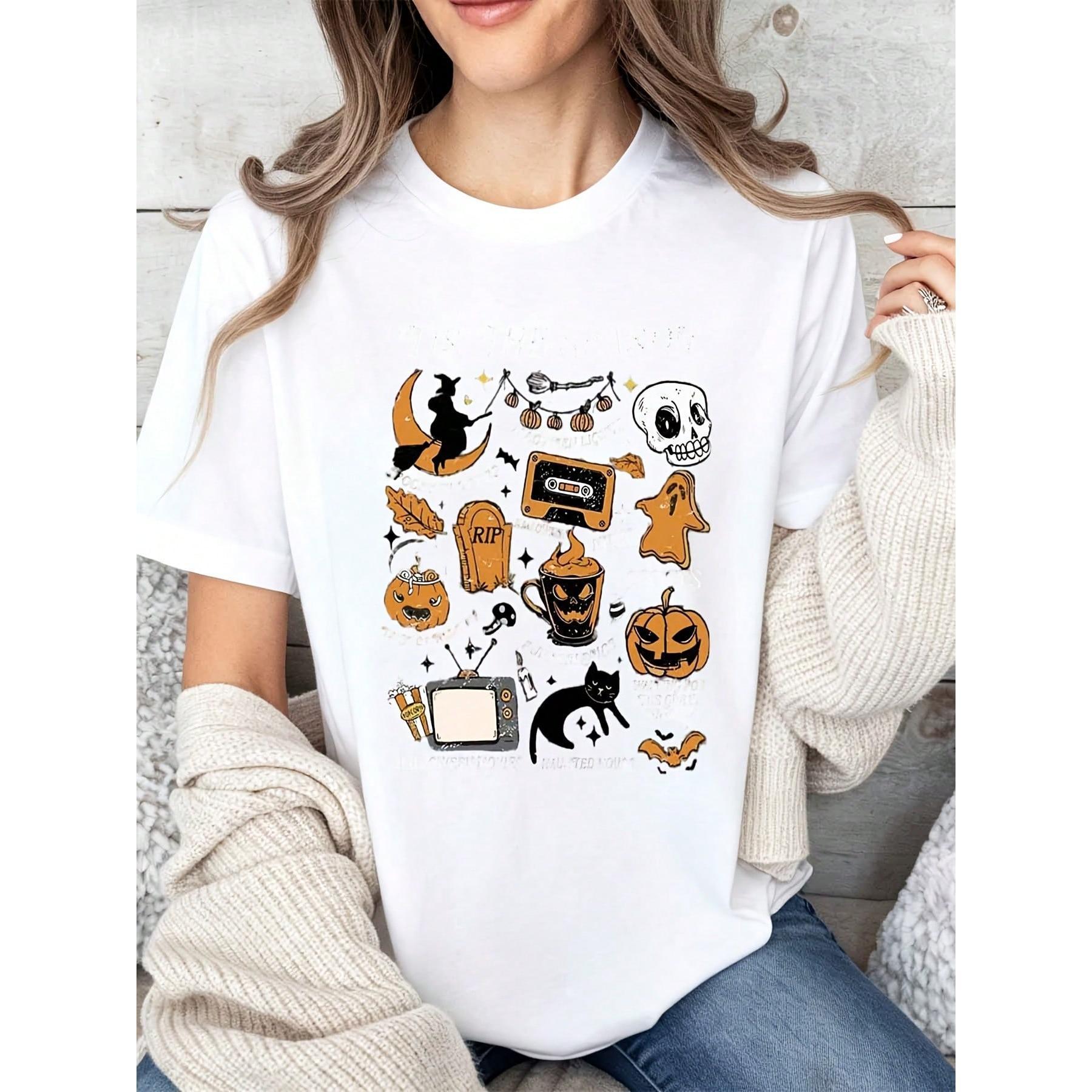 Women Casual Halloween Graphic Tee Tis The Season Witch Skull Pumpkin Ghost Cassette Tape Print Top Autumn Festival Gift For Friends