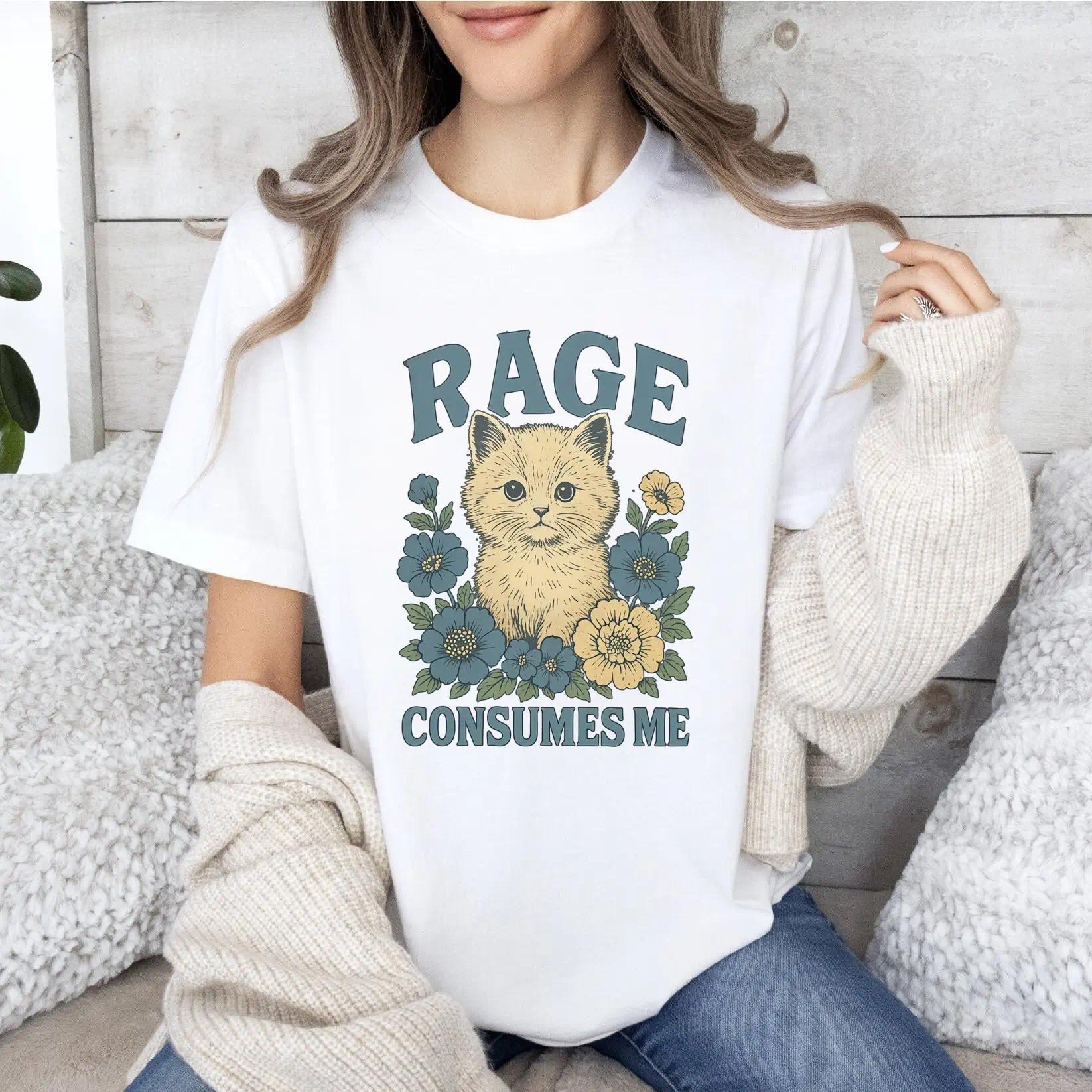 Cat Meme Shirt - Funny Cat T-Shirt, Kitten Weirdcore T Shirt, Rage Consumes Me, Sarcastic Graphic Tee, Shirt-funny cat lady Casual Round Neck
