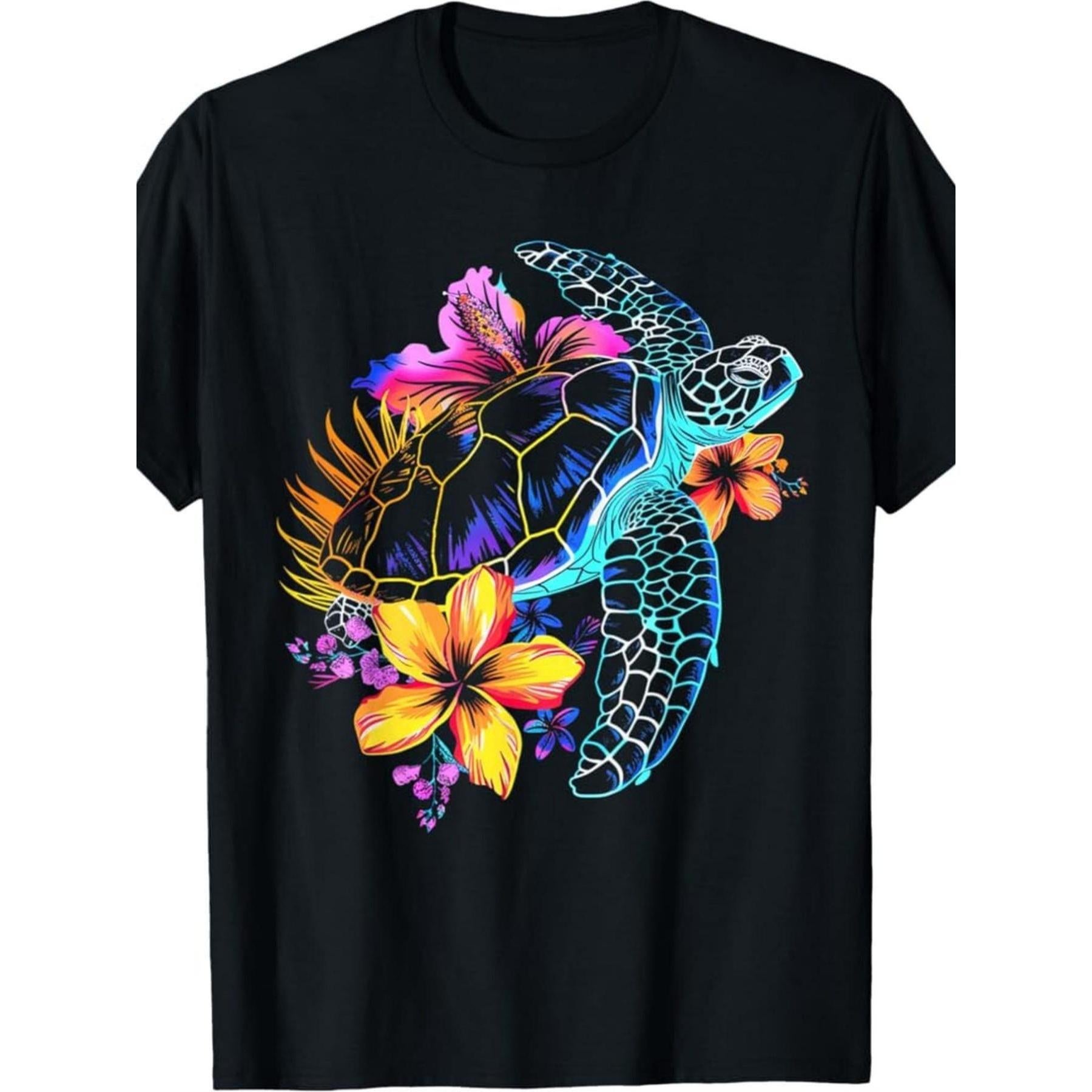 Men's retro Hawaiian tropical turtle and hibiscus flower T-shirt, soft and breathable with a round neck, featuring vibrant turtle and hibiscus prints, loose fit casual beachwear, suitable for everyday wear