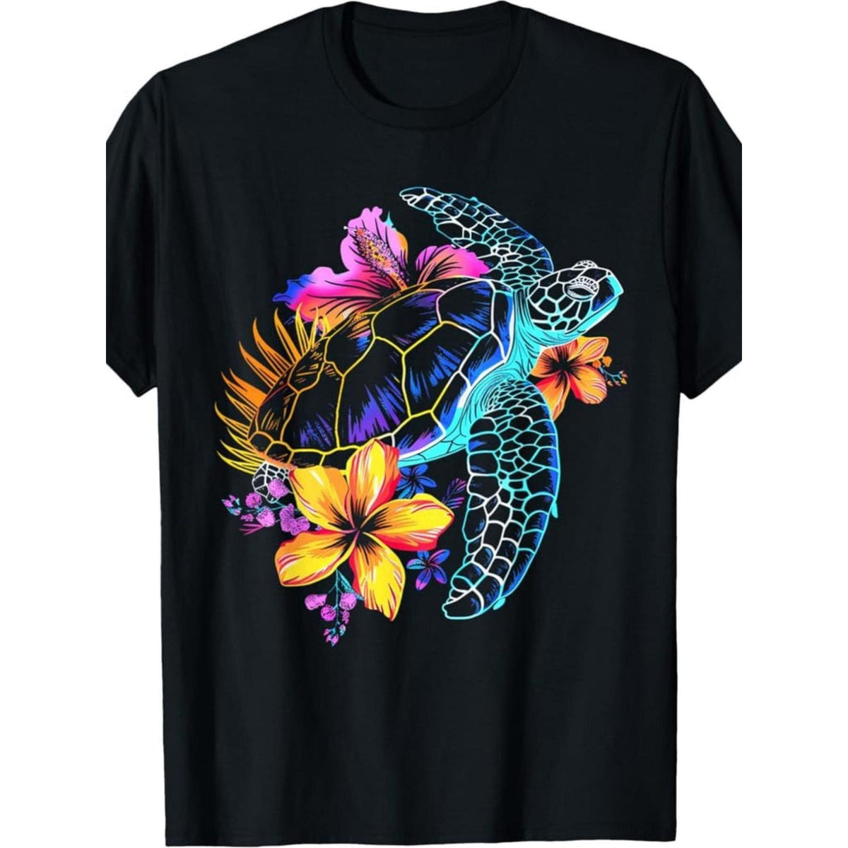 Men's retro Hawaiian tropical turtle and hibiscus flower T-shirt, soft and breathable with a round neck, featuring vibrant turtle and hibiscus prints, loose fit casual beachwear, suitable for everyday wear