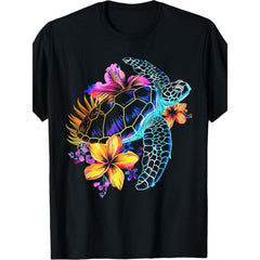 Men's retro Hawaiian tropical turtle and hibiscus flower T-shirt, soft and breathable with a round neck, featuring vibrant turtle and hibiscus prints, loose fit casual beachwear, suitable for everyday wear
