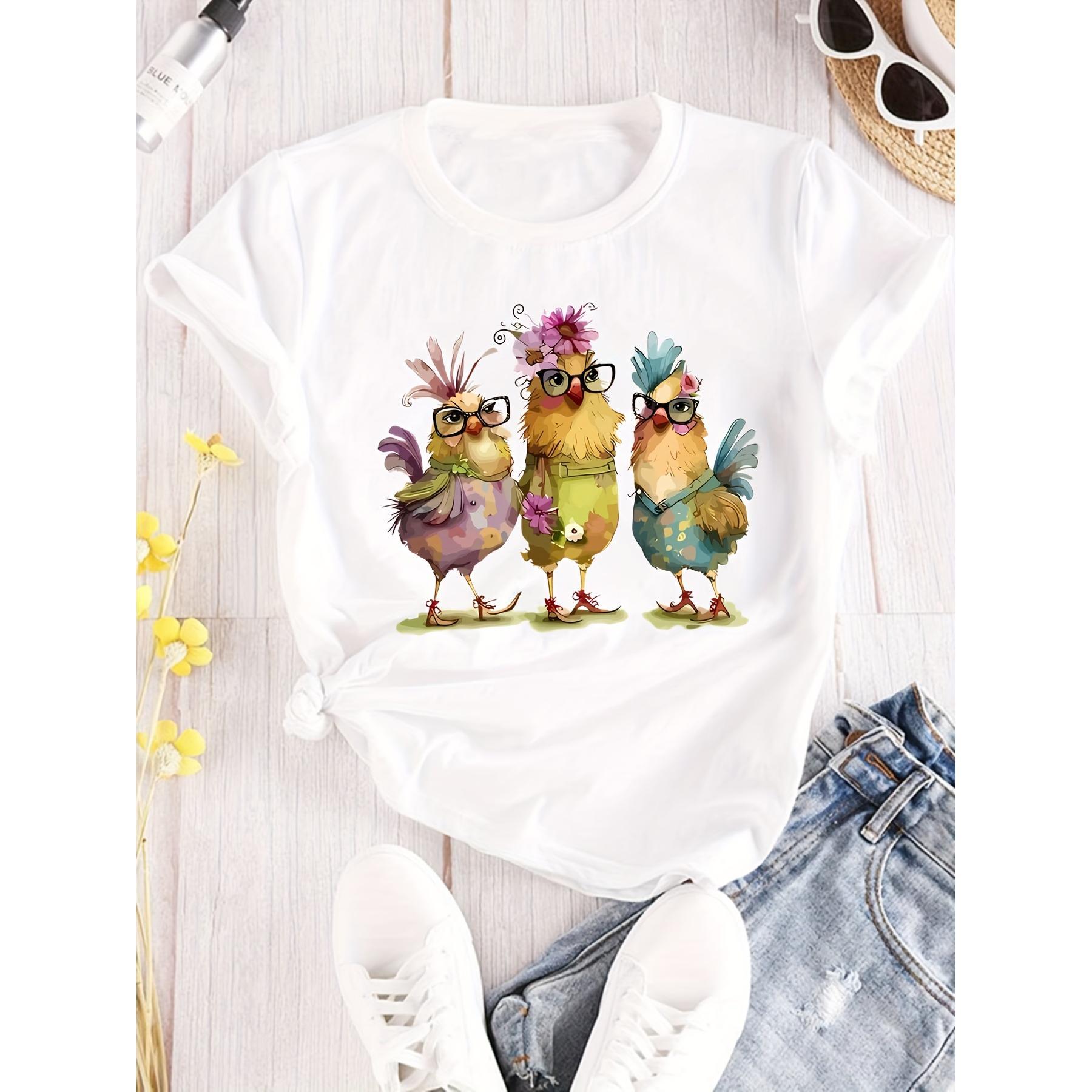 Plus Size Funny Chicken Print T-shirt, Casual Short Sleeve Crew Neck Top For Spring & Summer, Women's Plus Size Clothing