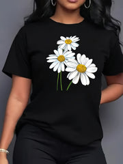 Three Daisy Pattern Print Comfortable Women's Short Sleeve T-Shirt, Print Women's T-Shirt, Pattern T-Shirt, Women's Top