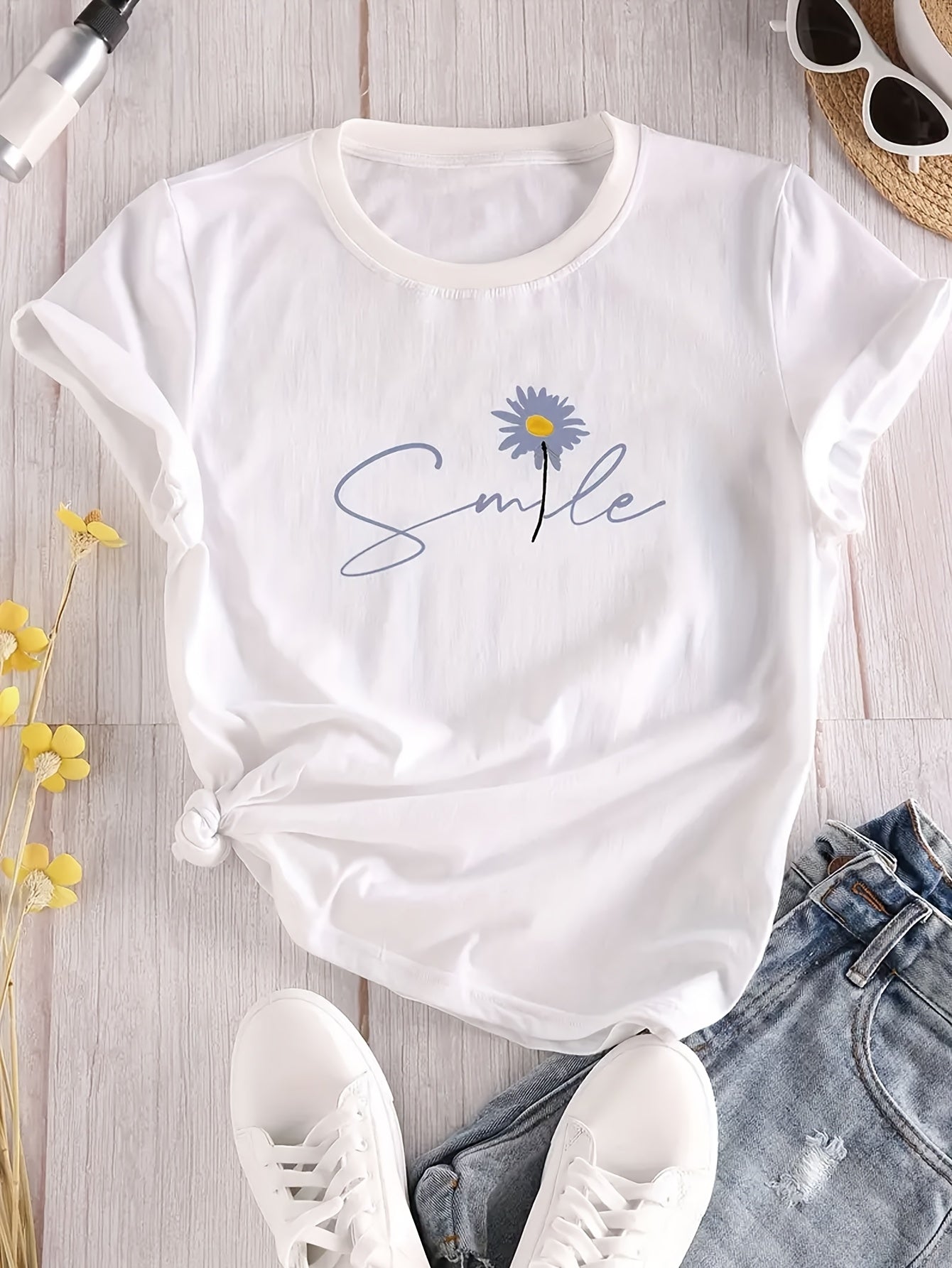 Spring And Summer Women'S Casual Short-Sleeve T-Shirt with Floral And Letter Print Round Neck Design.