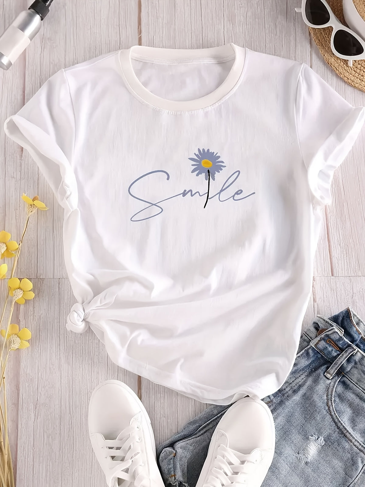 Spring And Summer Women'S Casual Short-Sleeve T-Shirt with Floral And Letter Print Round Neck Design.