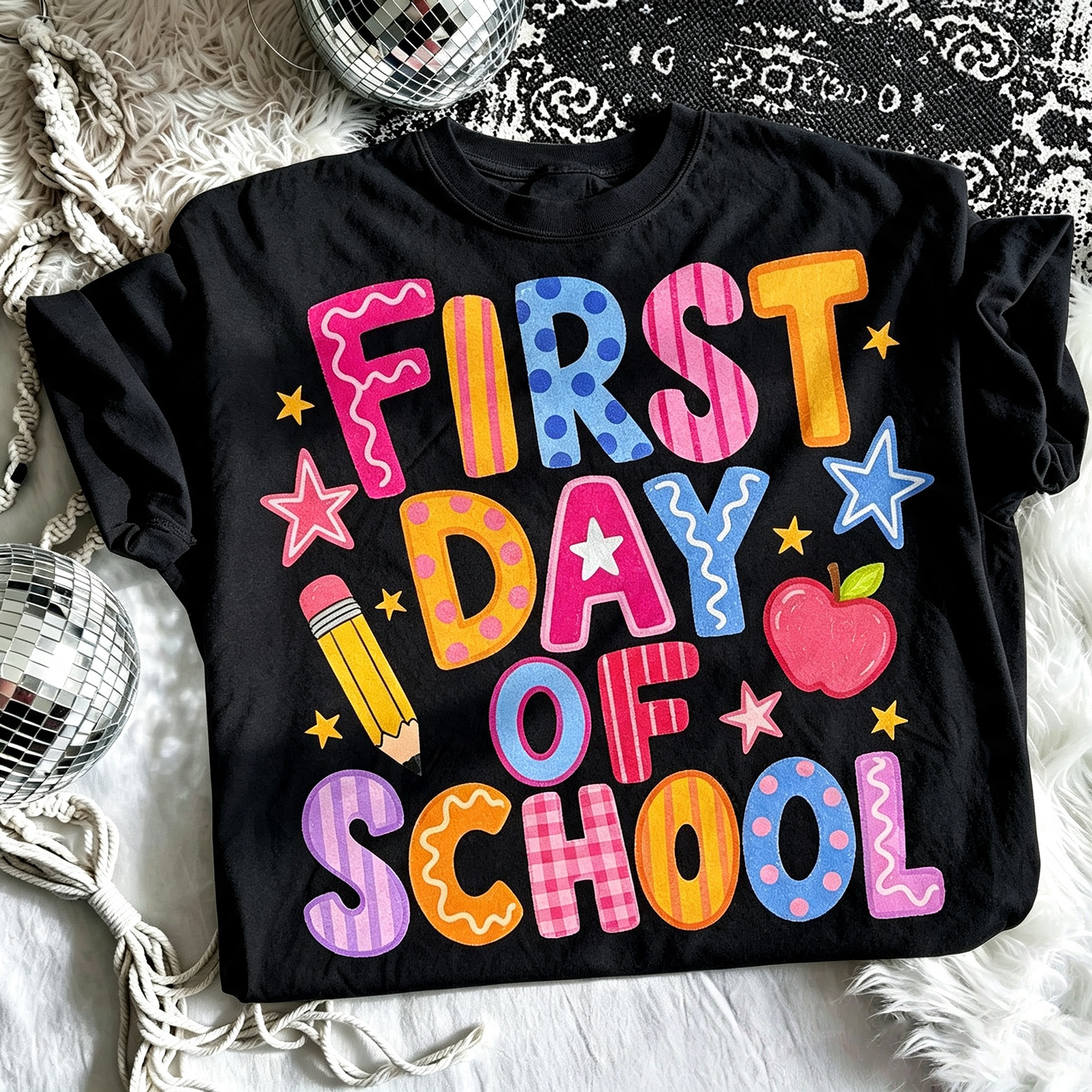 First Day of School Colorful Doodle Graphic T‑Shirt for Women, Back To School Casual Short Sleeve Teacher