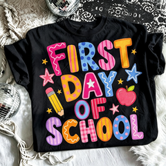 First Day of School Colorful Doodle Graphic T‑Shirt for Women, Back To School Casual Short Sleeve Teacher