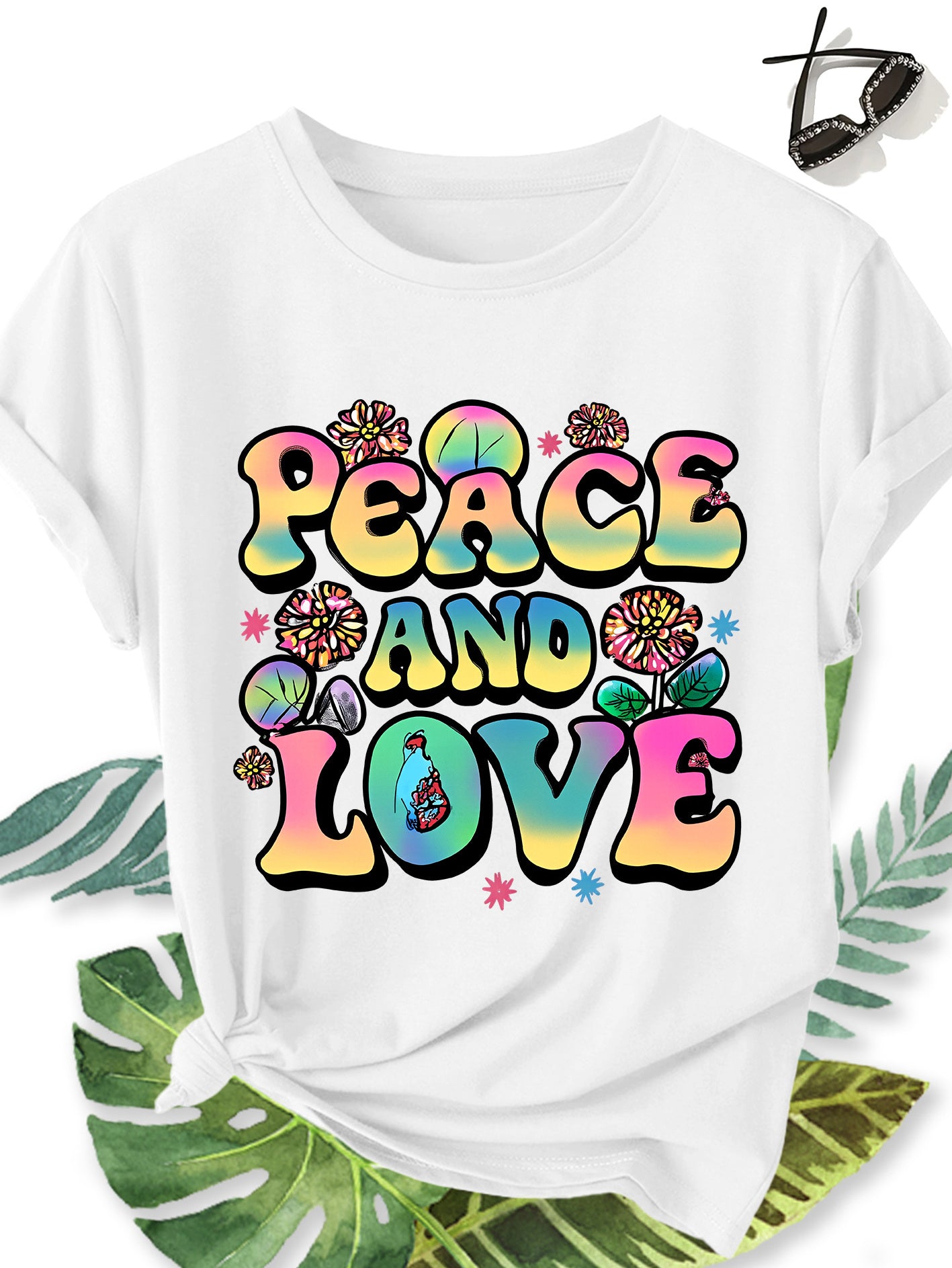 Peace And Love T-Shirt 70s Retro Hippie Costume Tee Groovy Rainbow Graphic Top For Women