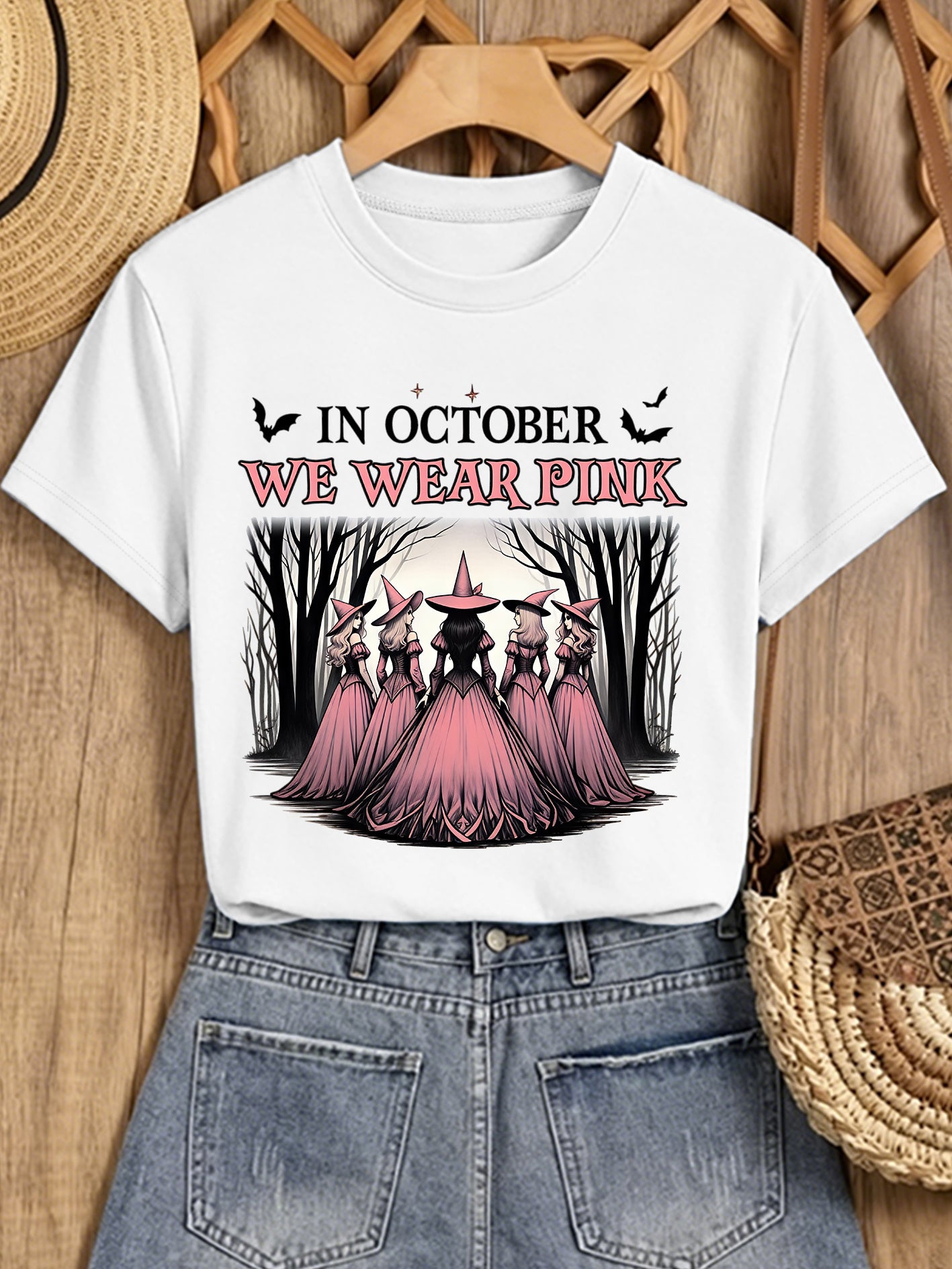 In October We Wear Pink T-Shirt Breast Cancer Awareness Witch Tee