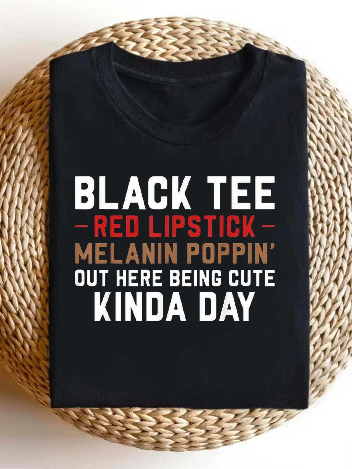 Black Tee Red Lipstick Melanin Poppin Color Text Graphic T-Shirt, Unisex Cotton Crew Neck Top, All Season Graphic Tee, Casual Apparel For Streetwear And Melanin Style Lovers