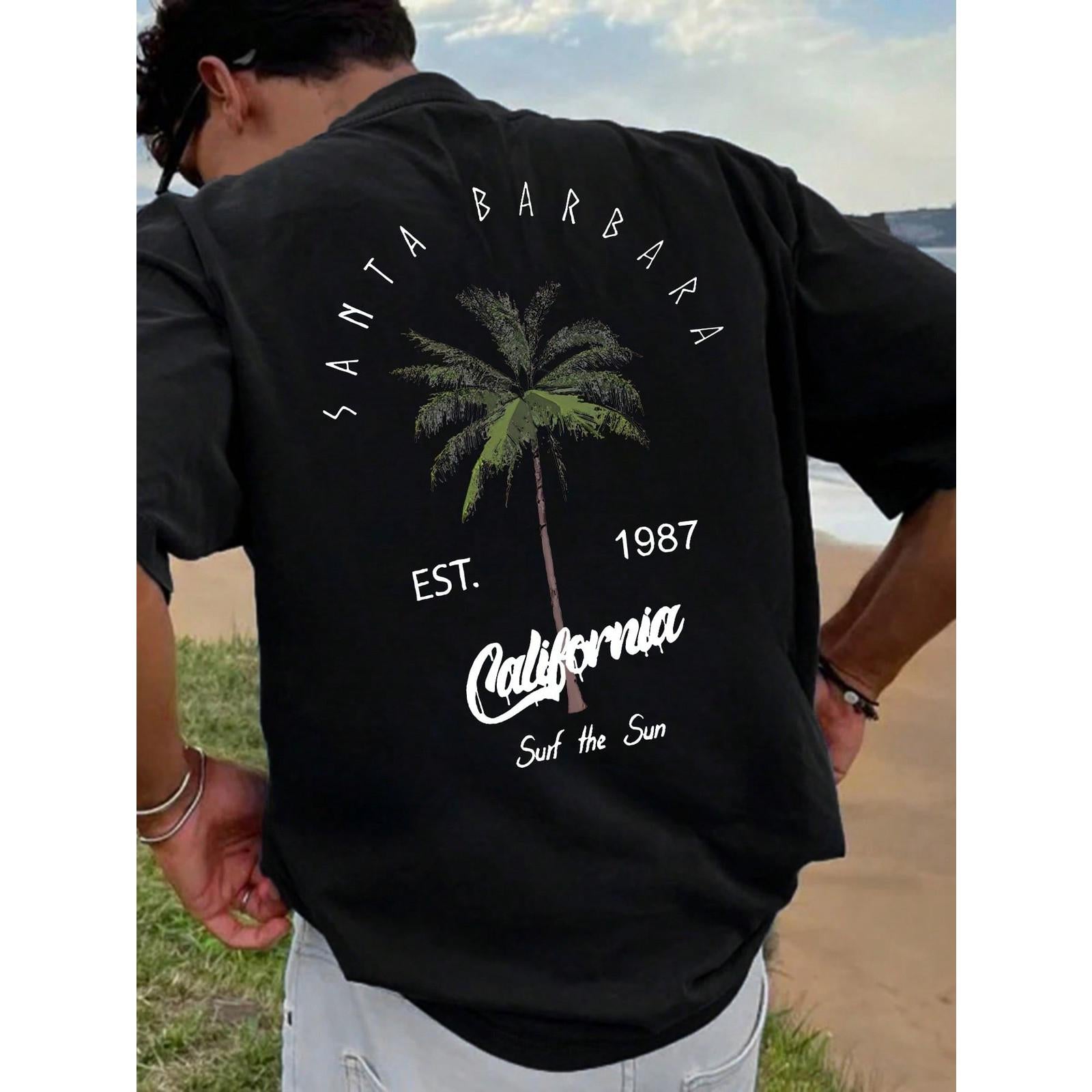 Summer New Men's Coconut Tree Letter Print Short Sleeve Round Neck T-Shirt