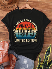 1975 Red Letter 1975 Circular Stripes - Vintage 1975 Fun 50Th Birthday Gift T-Shirt - 50Th Retro Print - Short Sleeve Crew Neck Casual Top for Women - Summer & Spring Apparel