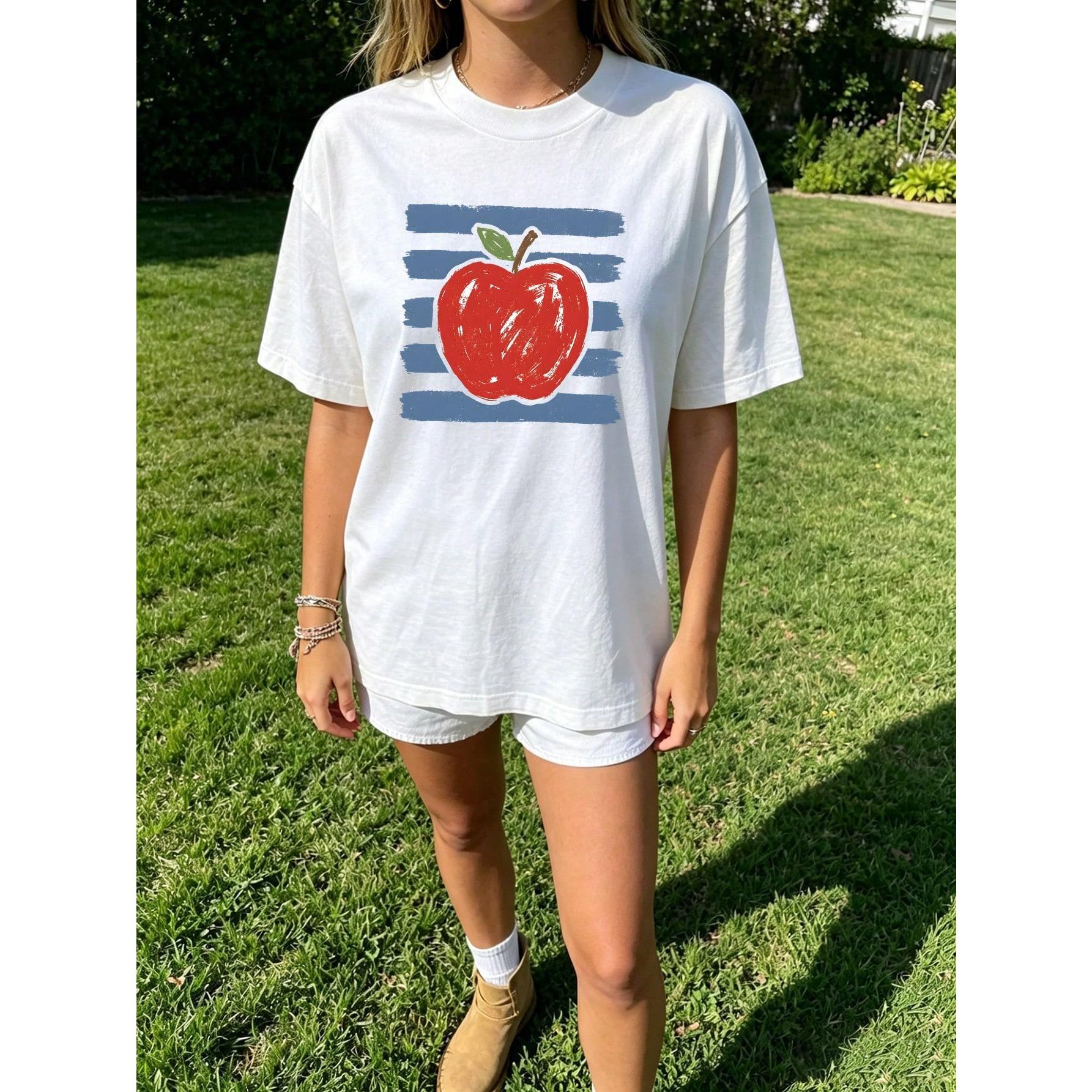 Vintage Sketch Red Apple Stripe Graphic Tee Women Casual