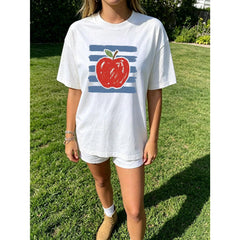 Vintage Sketch Red Apple Stripe Graphic Tee Women Casual