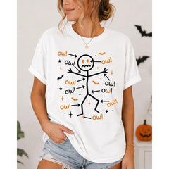 Humorous Halloween Ouch Stick Figure Cotton T-shirt Spooky Skeleton Graphic Tee