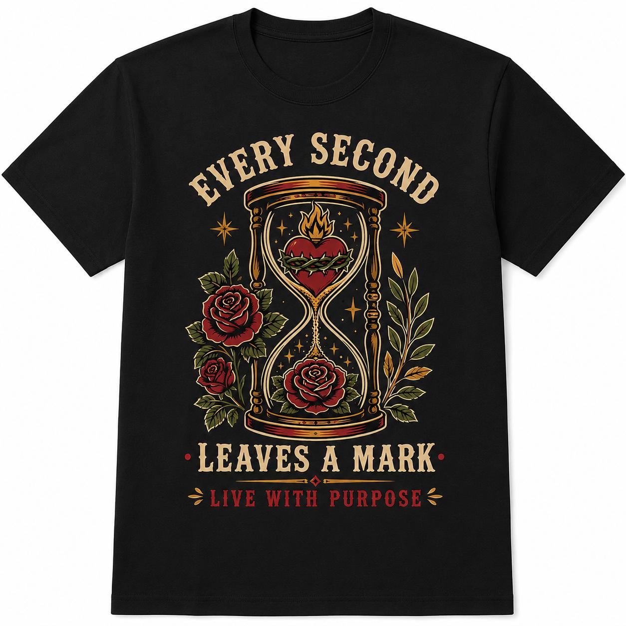 Vintage Hourglass Tattoo T-Shirt Gothic Rose Every Second Leaves Mark Time Flies Dark Aesthetic Retro Streetwear Unisex Soft Cotton Casual Top Crew Neck Memento Mori Style