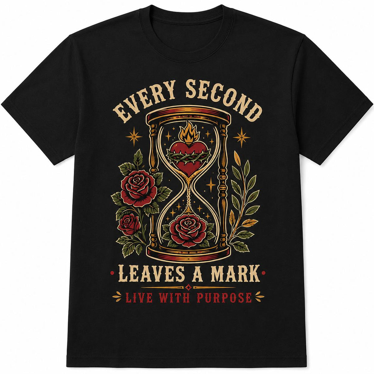 Vintage Hourglass Tattoo T-Shirt Gothic Rose Every Second Leaves Mark Time Flies Dark Aesthetic Retro Streetwear Unisex Soft Cotton Casual Top Crew Neck Memento Mori Style