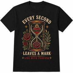 Vintage Hourglass Tattoo T-Shirt Gothic Rose Every Second Leaves Mark Time Flies Dark Aesthetic Retro Streetwear Unisex Soft Cotton Casual Top Crew Neck Memento Mori Style