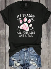 INAWLY Women's Summer Cartoon Bear Paw Pattern English Slogan Casual T-Shirt MY SHADOW HAS FOUR LEGS AND A TAIL Graphic Tees Women Tops