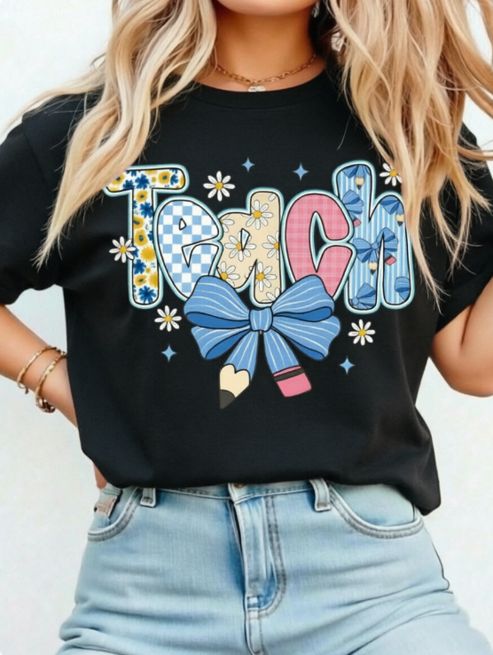 SHEIN LUNE Preppy Teacher Floral Shirts, Teach Blue Floral Tee, Preppy Teacher Tops 100%Cotton Crew Neck Short Sleeve Women T-shirt Teacher Gift