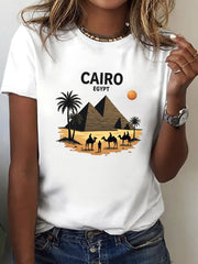 Egypt Cairo Style Landmark Printed T - Shirt, Travel Culture Top, Bride - Exclusive Top, Short Sleeve Crew Neck Casual Top, Women's Clothing