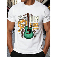 Retro Typography Men'S T-Shirt Praise Him With The God Sings Psalm 154 Acoustic Guitar Design For Music Lovers And Faithful Christians Perfect For Casual Wear In Spring And Summer Ideal Gift For Musicians And Religious Friends