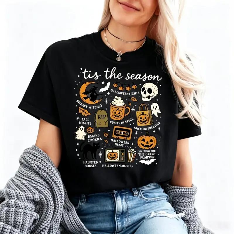 Women's Short Sleeve Casual Round Neck Streetwear Halloween Graphic Tee - Cute Coquette Fall Retro Pumpkin Spice Spooky Witch Ghost Trick Or Treat, Relaxed Fit, Garment Dyed Low Impact Dye, Sport & Outdoor Sports Top, shortsleeve