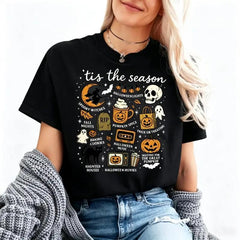 Women's Short Sleeve Casual Round Neck Streetwear Halloween Graphic Tee - Cute Coquette Fall Retro Pumpkin Spice Spooky Witch Ghost Trick Or Treat, Relaxed Fit, Garment Dyed Low Impact Dye, Sport & Outdoor Sports Top, shortsleeve