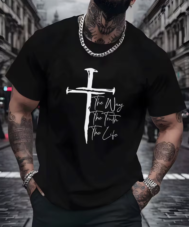 christian t shirt for men, religious graphic tee, cross print tshirt, faith mens shirt, the way the truth the life tee, church casual top, men streetwear cotton tee, christian gift for him