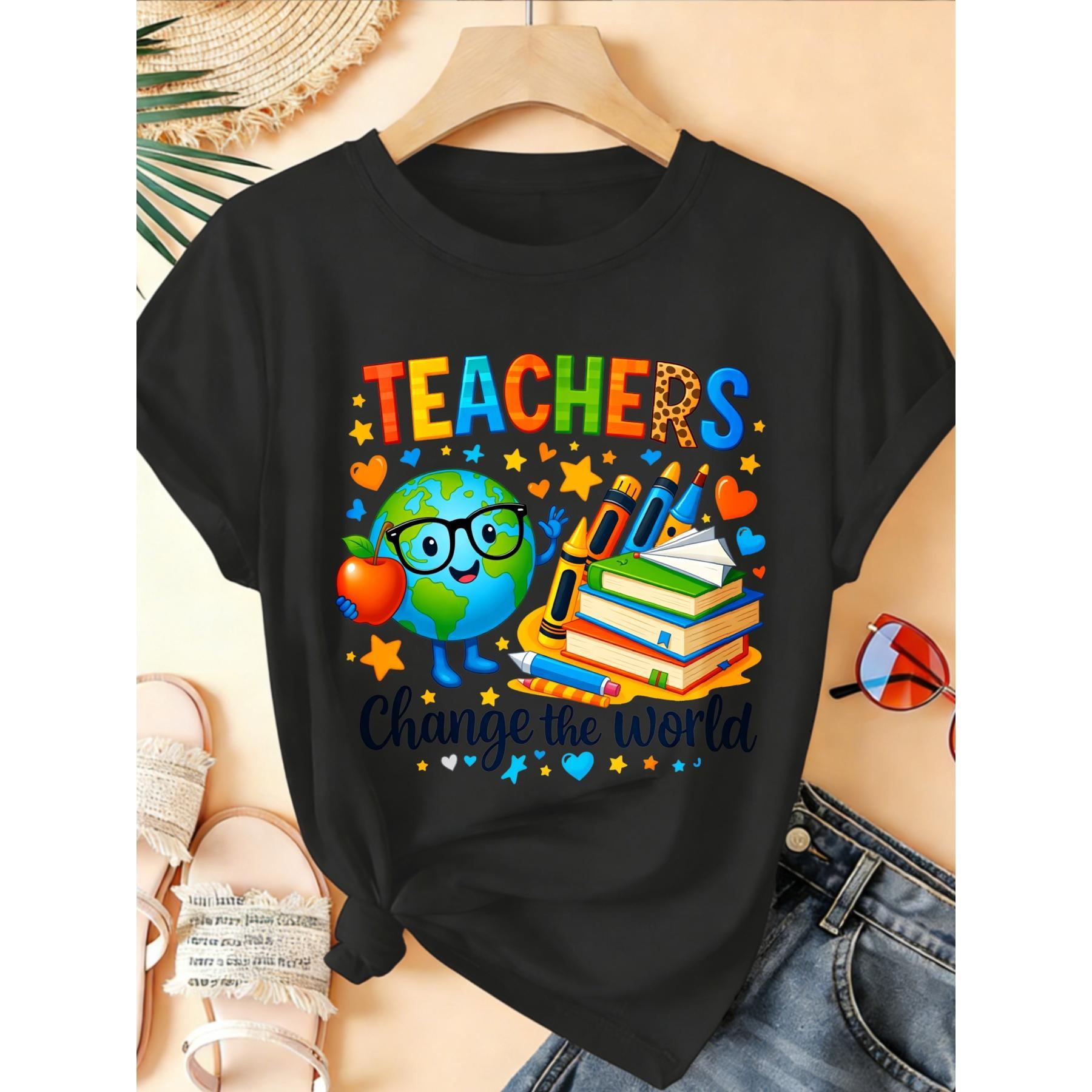 Fun & Colorful Graphic Tee – Soft Stretchy Round Neck Casual Shirt for Women, Cute Spring Summer Statement Top