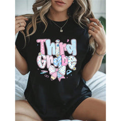 100% Cotton Groovy Teach Coquette Bow Teacher Women Girls Back To School T-Shirt Women's Men's Streetwear Graphic Tee Black Crew Neck Vacation Tops