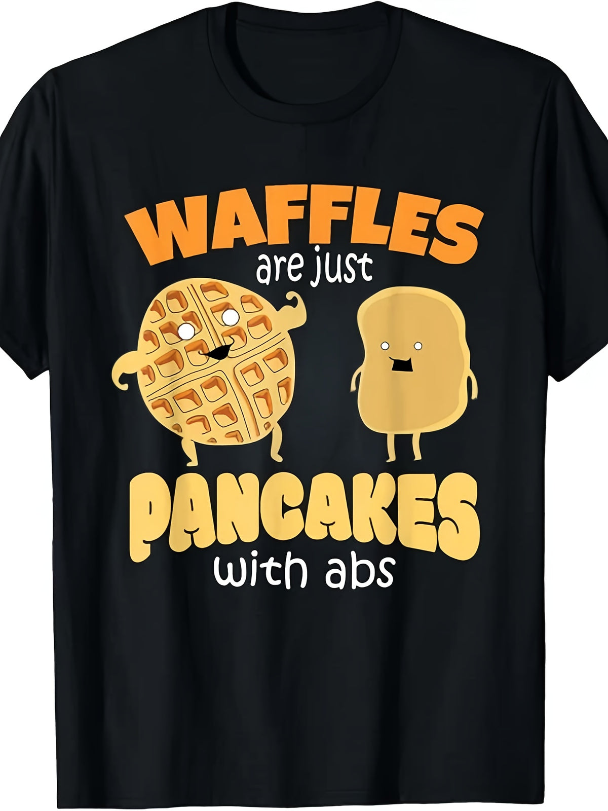 Funny Cartoon Waffle Pancake Food T-Shirt, Waffles Are Just Pancakes with Abs Unisex Cotton Crew Neck Tee, All Season Trendy Casual Top, Humorous Gift For Breakfast Lovers