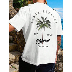 Summer New Men's Coconut Tree Letter Print Short Sleeve Round Neck T-Shirt