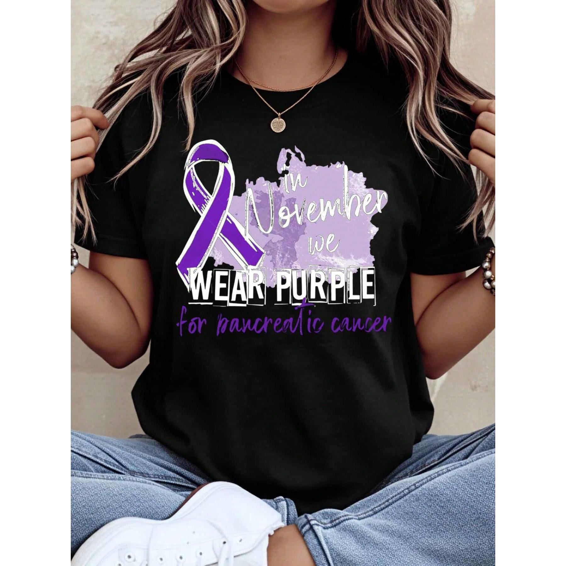 Women Casual Short Sleeve T Shirt In November We Wear Purple For Pancreatic Cancer Awareness Ribbon Graphic Digital Print Daily Wear